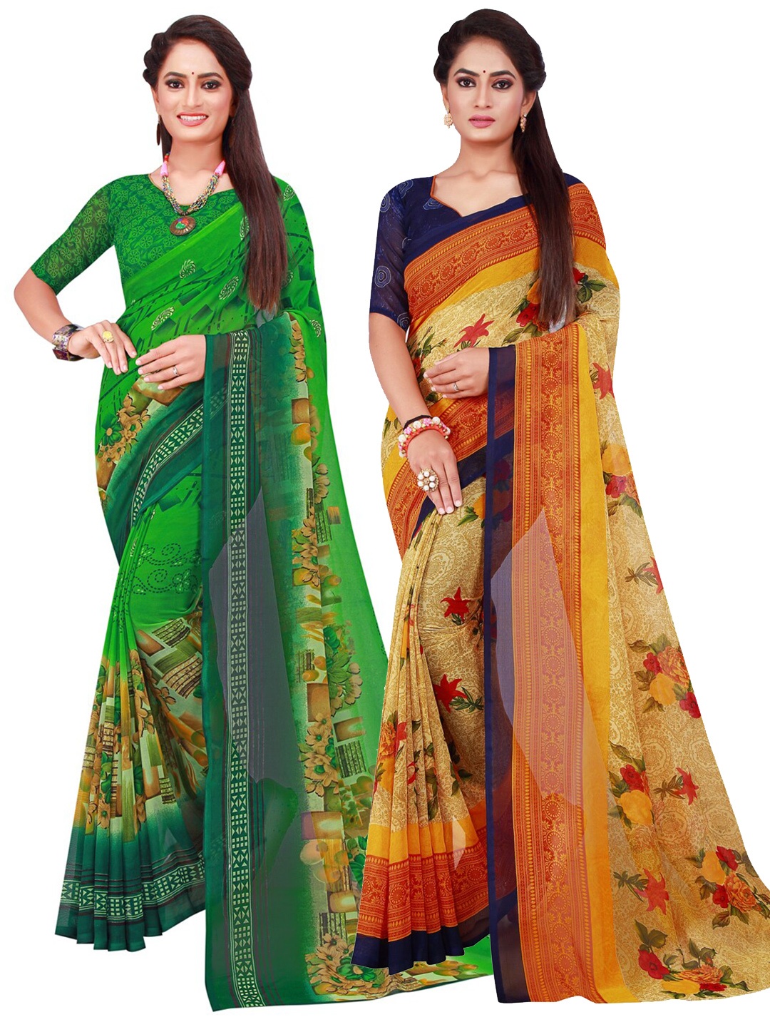 

KALINI Beige & Green Set Of 2 Floral Pure Georgette Saree