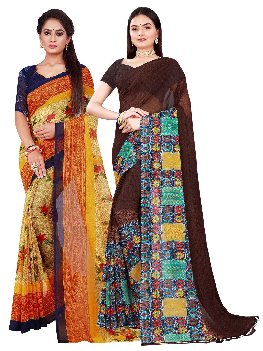 

KALINI Brown & Beige Set Of 2 Floral Pure Georgette Saree