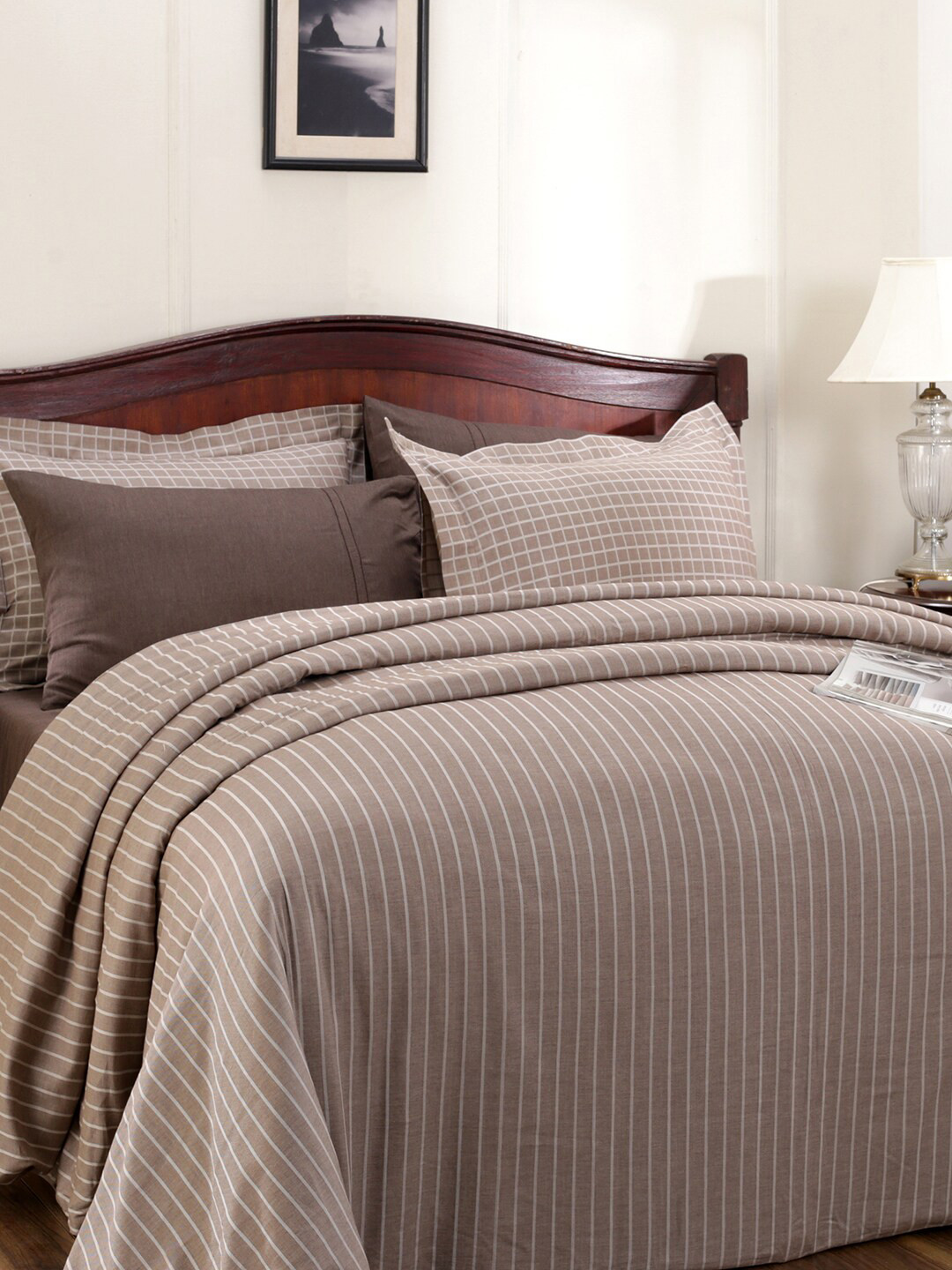 

MASPAR Brown King Size 300TC Checked Pure Cotton Duvet Cover