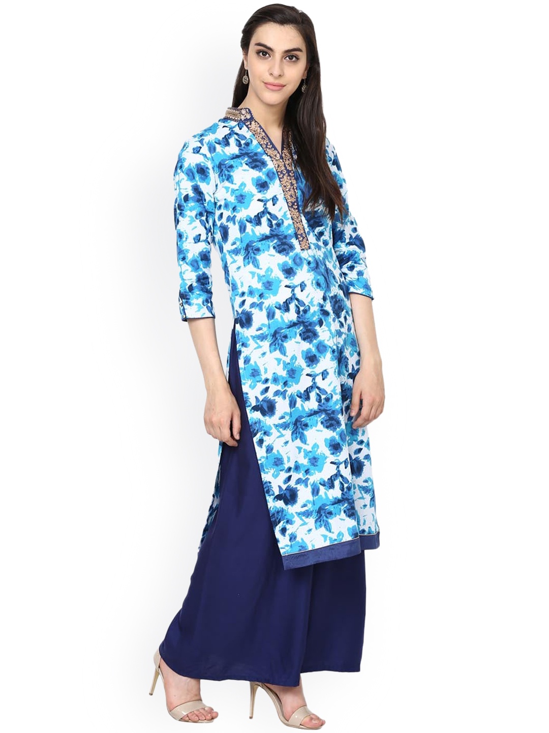 

Lakshita Women Navy Blue & White Floral Dyed Zardozi 100% Cotton Straight Kurta