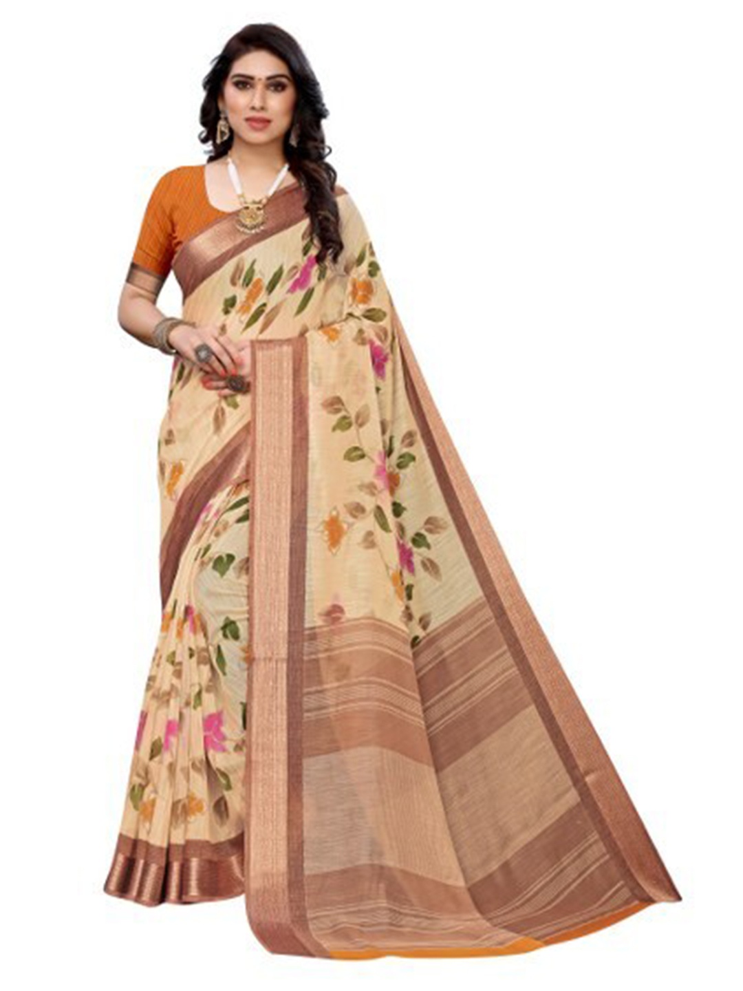 

Yashika Brown & Yellow Floral Zari Silk Blend Saree
