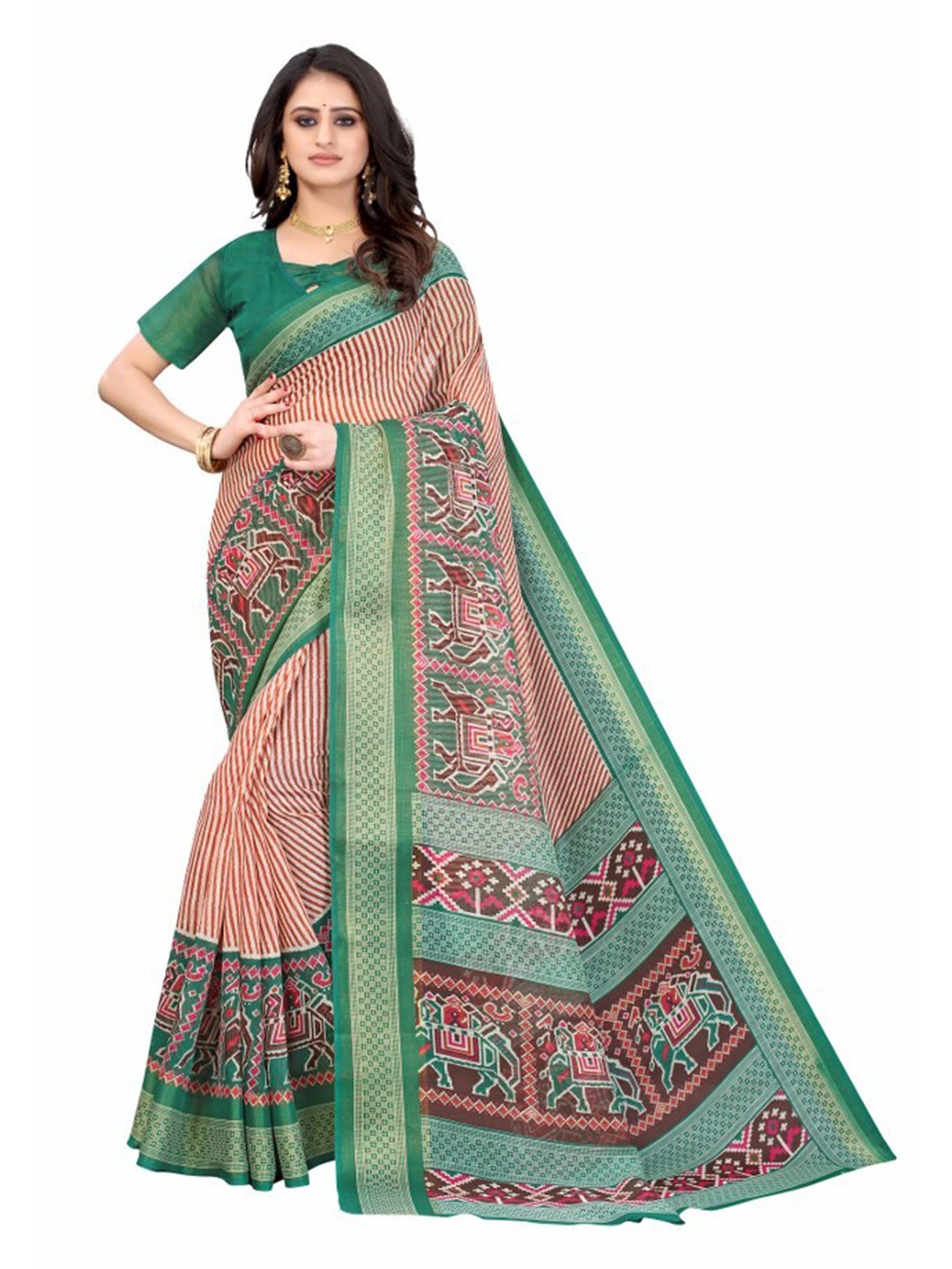 

Yashika Green & Pink Ethnic Motifs Zari Cotton Silk Saree