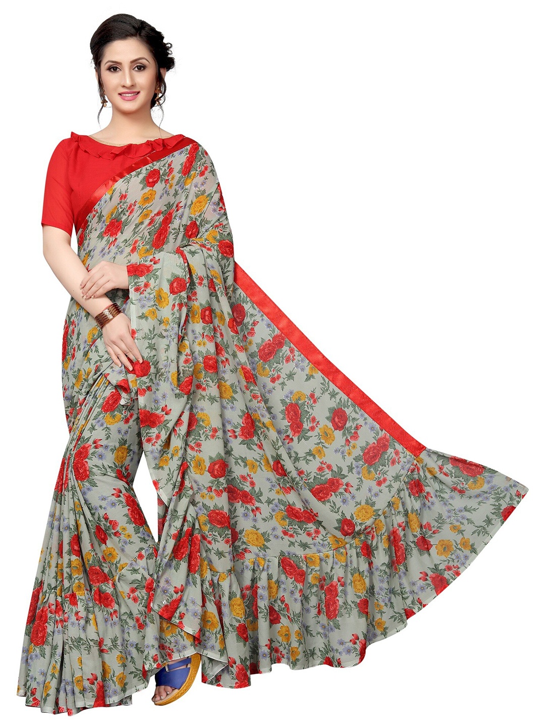 

Yashika Red & Grey Floral Silk Blend Saree