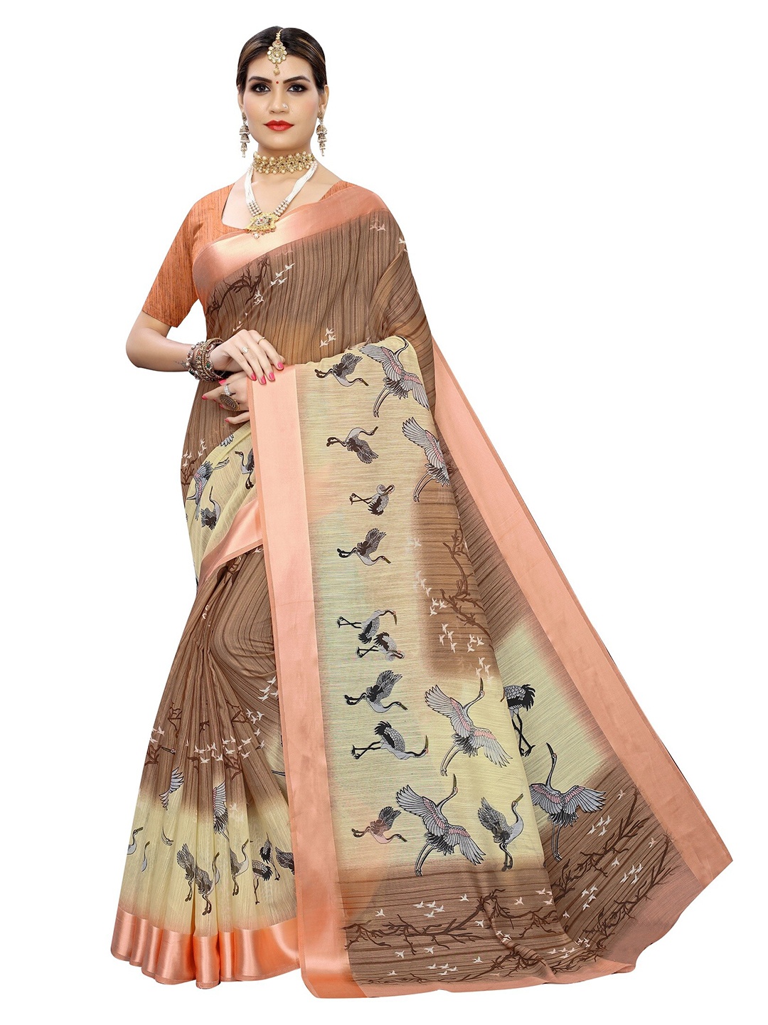 

Yashika Brown & Pink Floral Silk Blend Saree