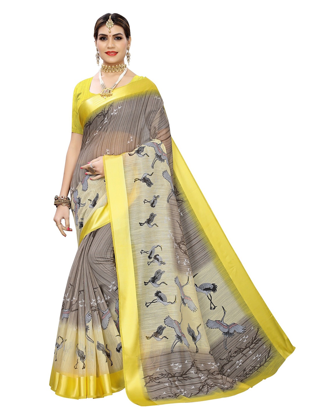 

Yashika Yellow & Grey Floral Silk Blend Saree