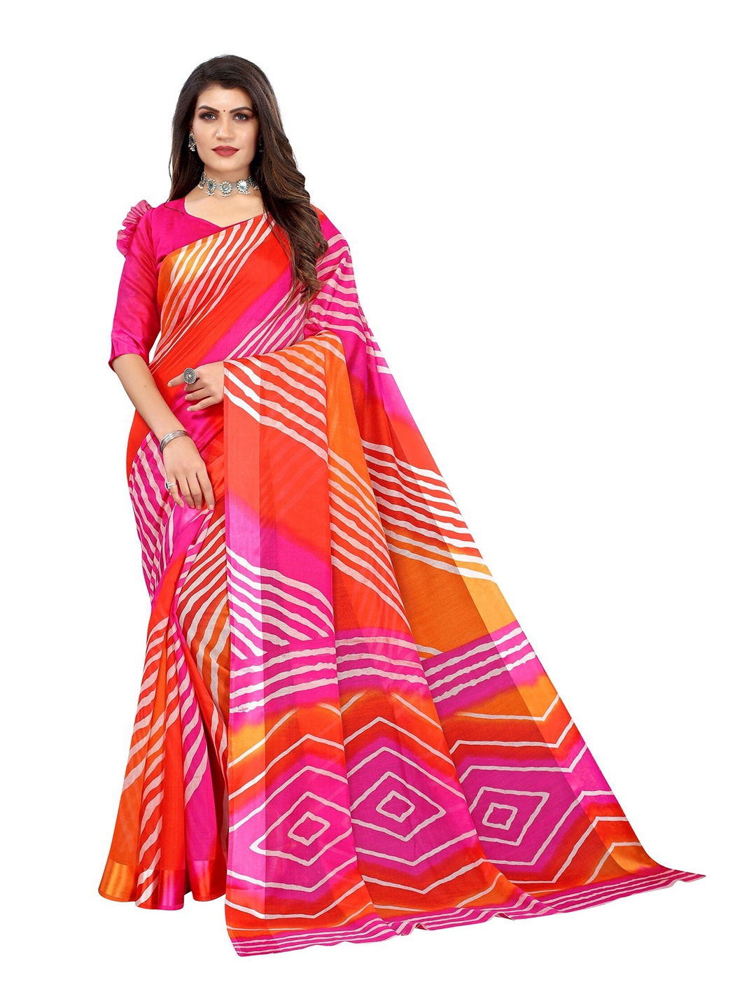 

Yashika Pink & White Striped Silk Blend Saree