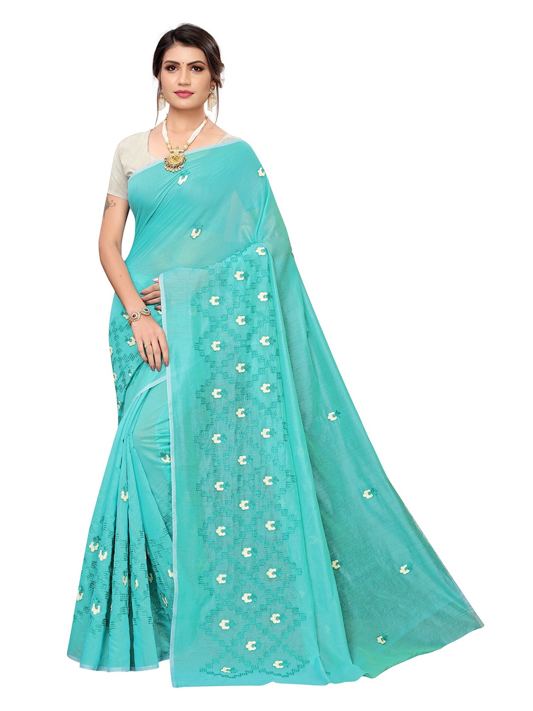 

Yashika Teal & White Ethnic Motifs Embroidered Silk Blend Saree