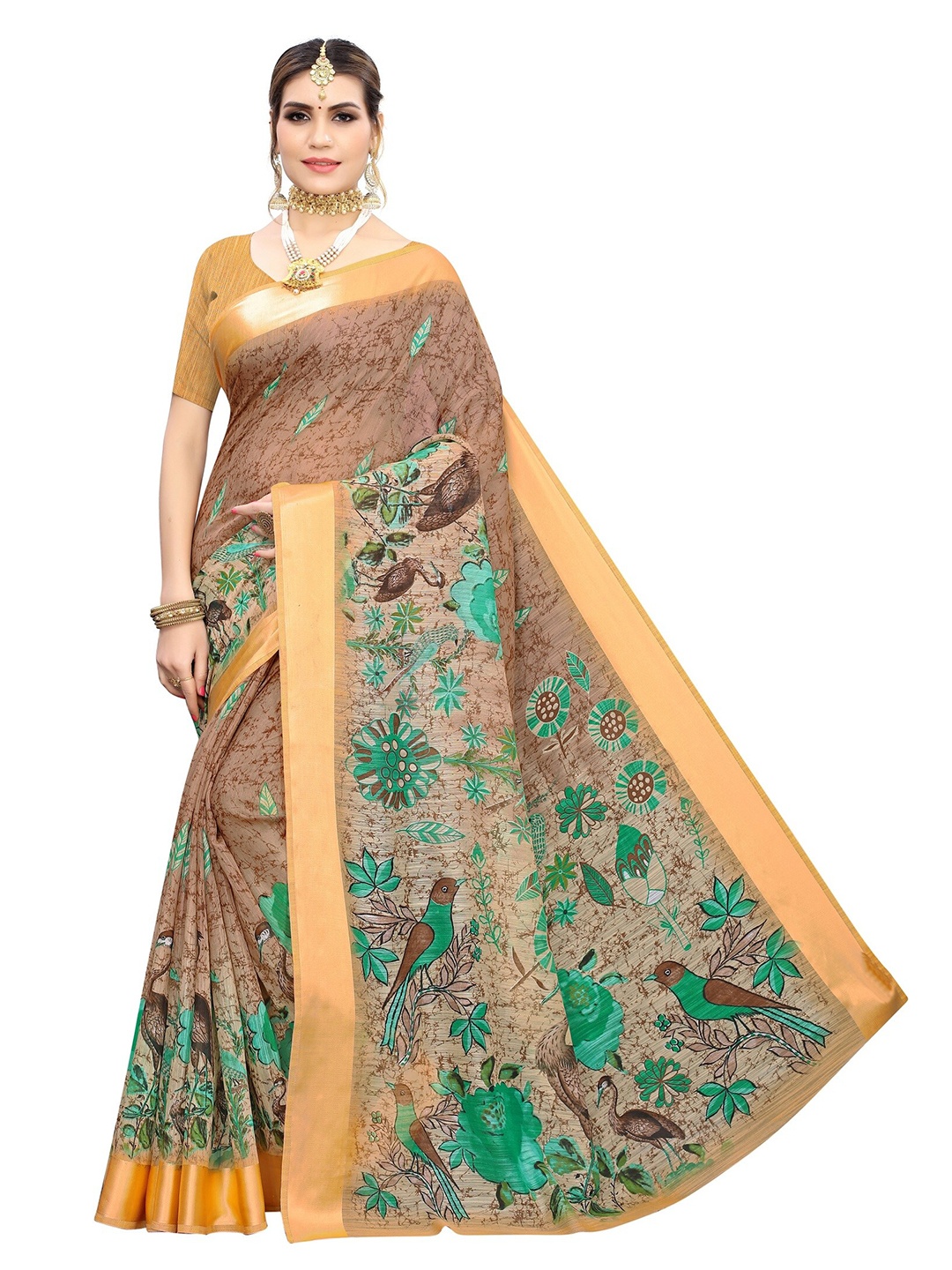 

Yashika Orange & Green Floral Cotton Silk Saree