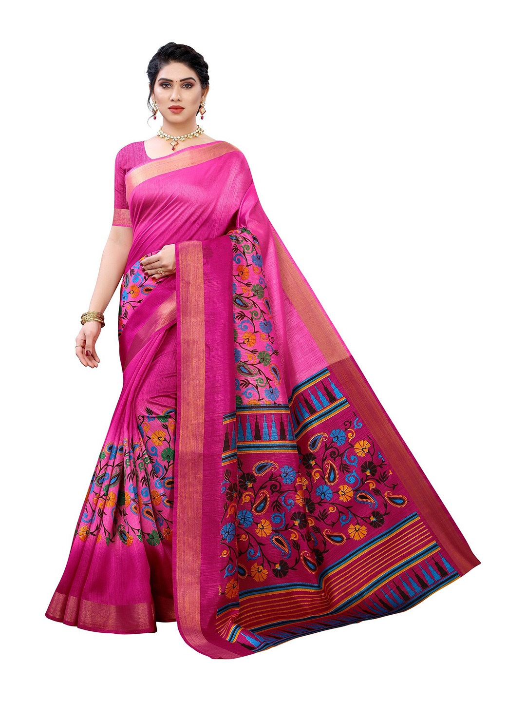 

Yashika Pink & Blue Ethnic Motifs Zari Silk Blend Saree