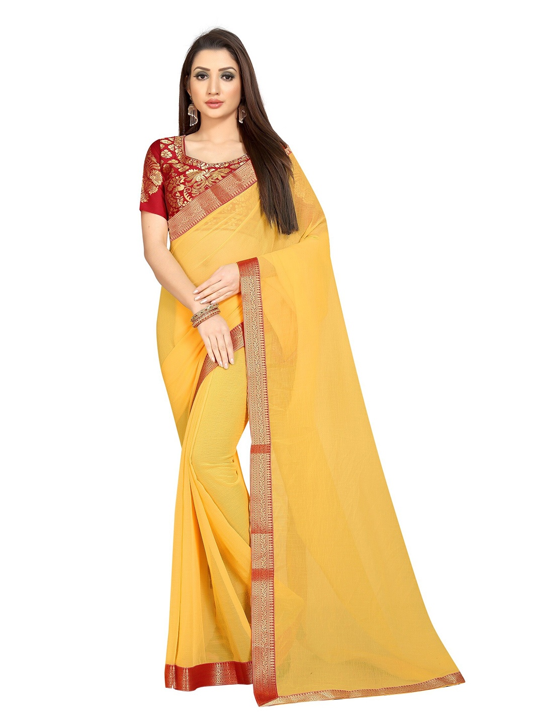

Yashika Yellow & Red Zari Silk Blend Saree