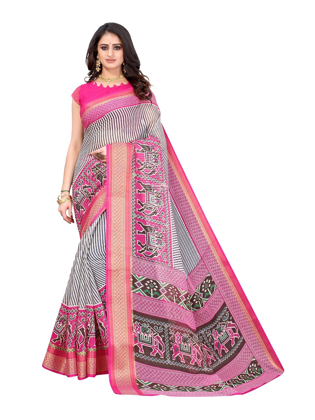 

Yashika Pink & White Zari Silk Blend Saree