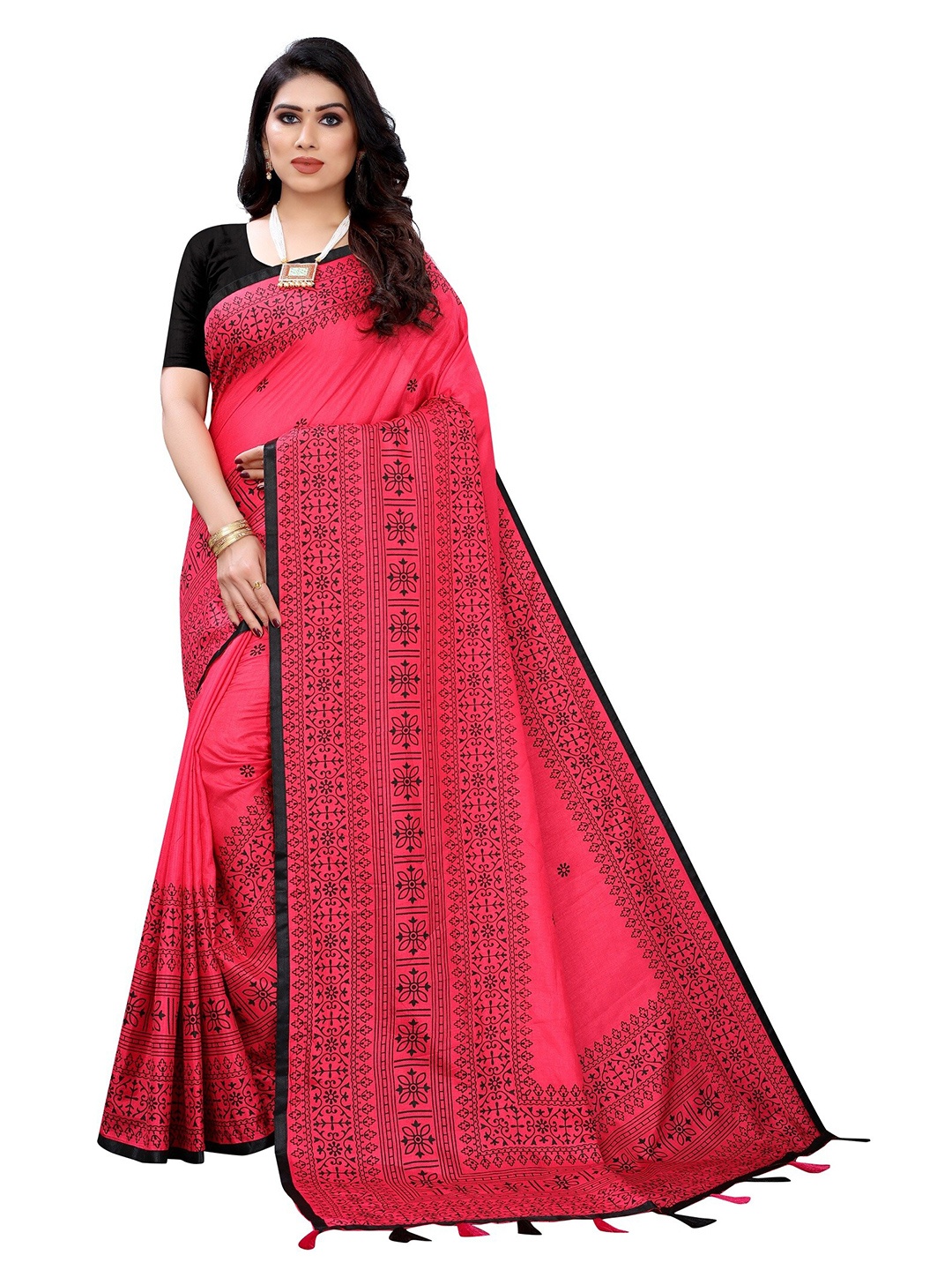 

Yashika Pink & Black Ethnic Motifs Silk Blend Saree