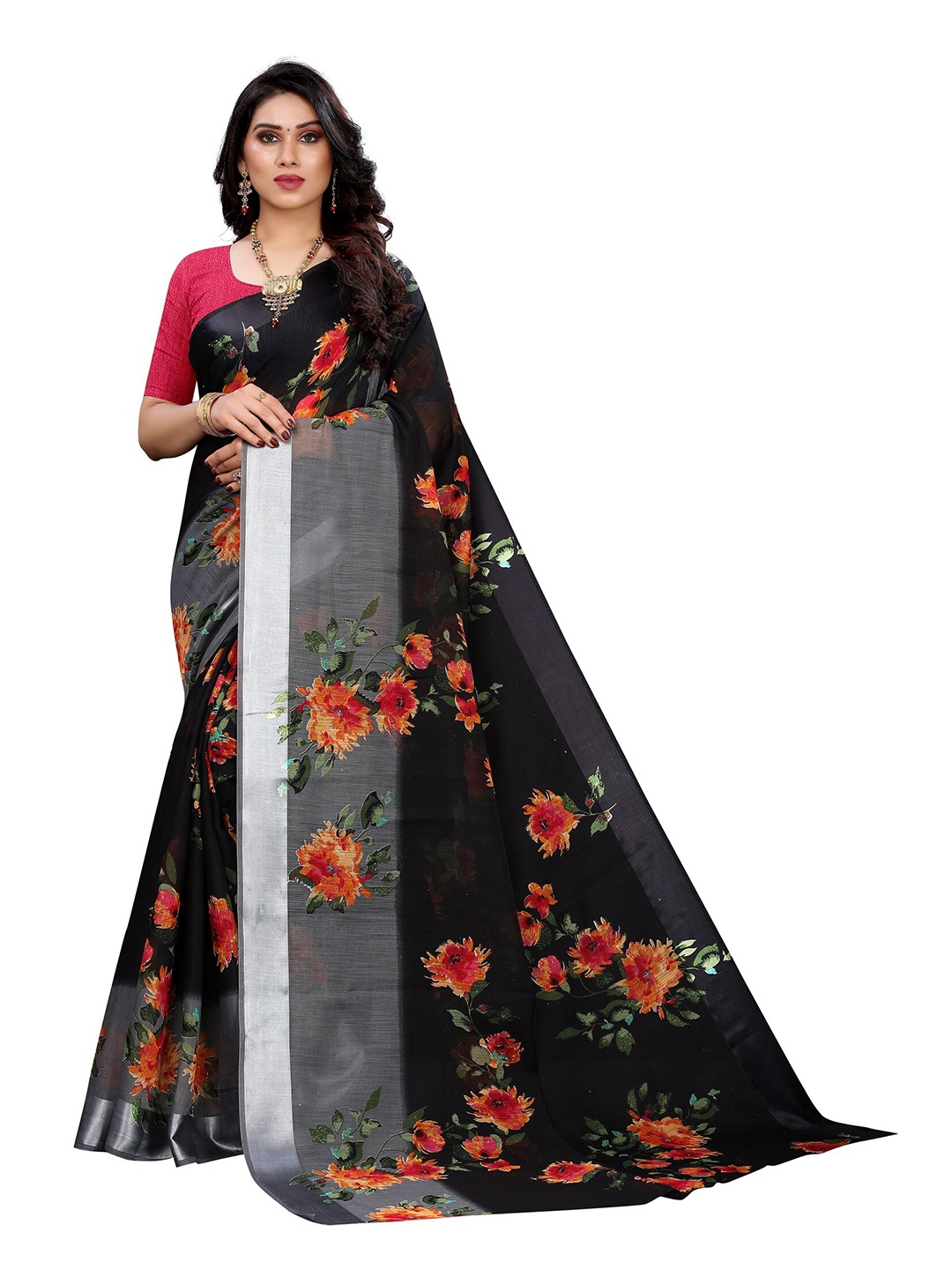 

Yashika Black & Red Floral Silk Blend Saree