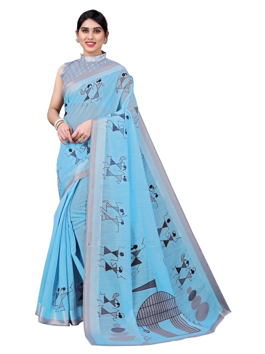 

Yashika Blue & Grey Warli Silk Blend Saree