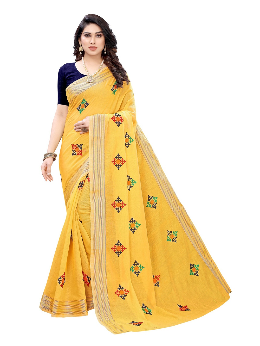 

Yashika Yellow & Red Zari Cotton Silk Saree