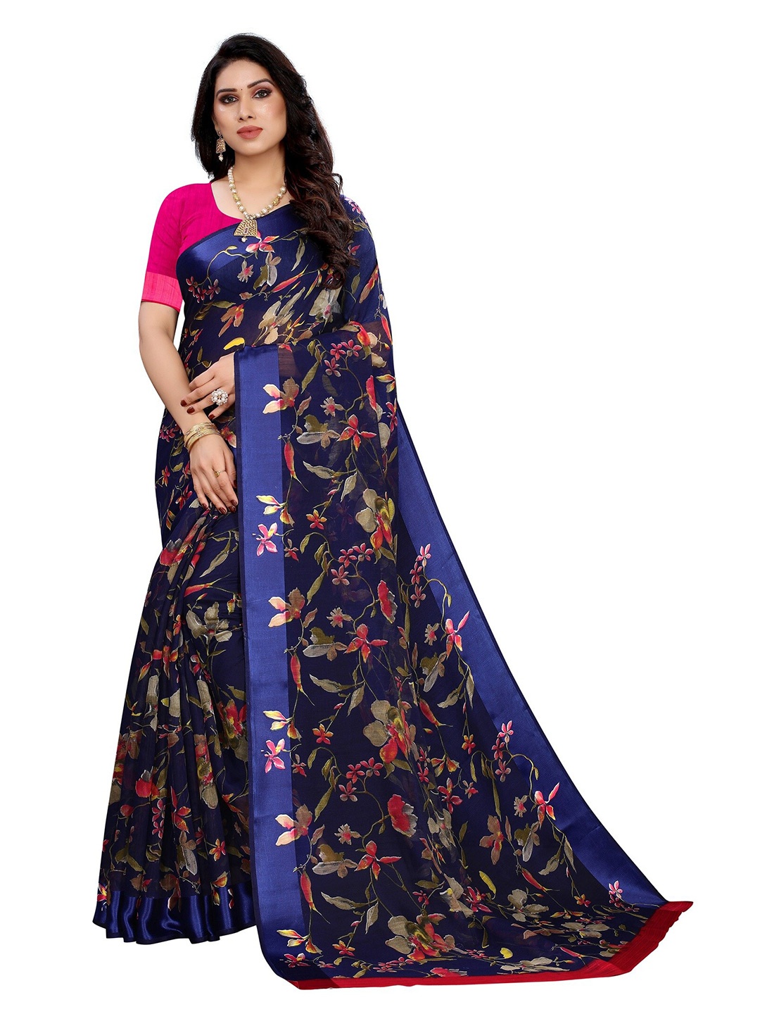 

Yashika Navy Blue & Pink Floral Cotton Silk Saree