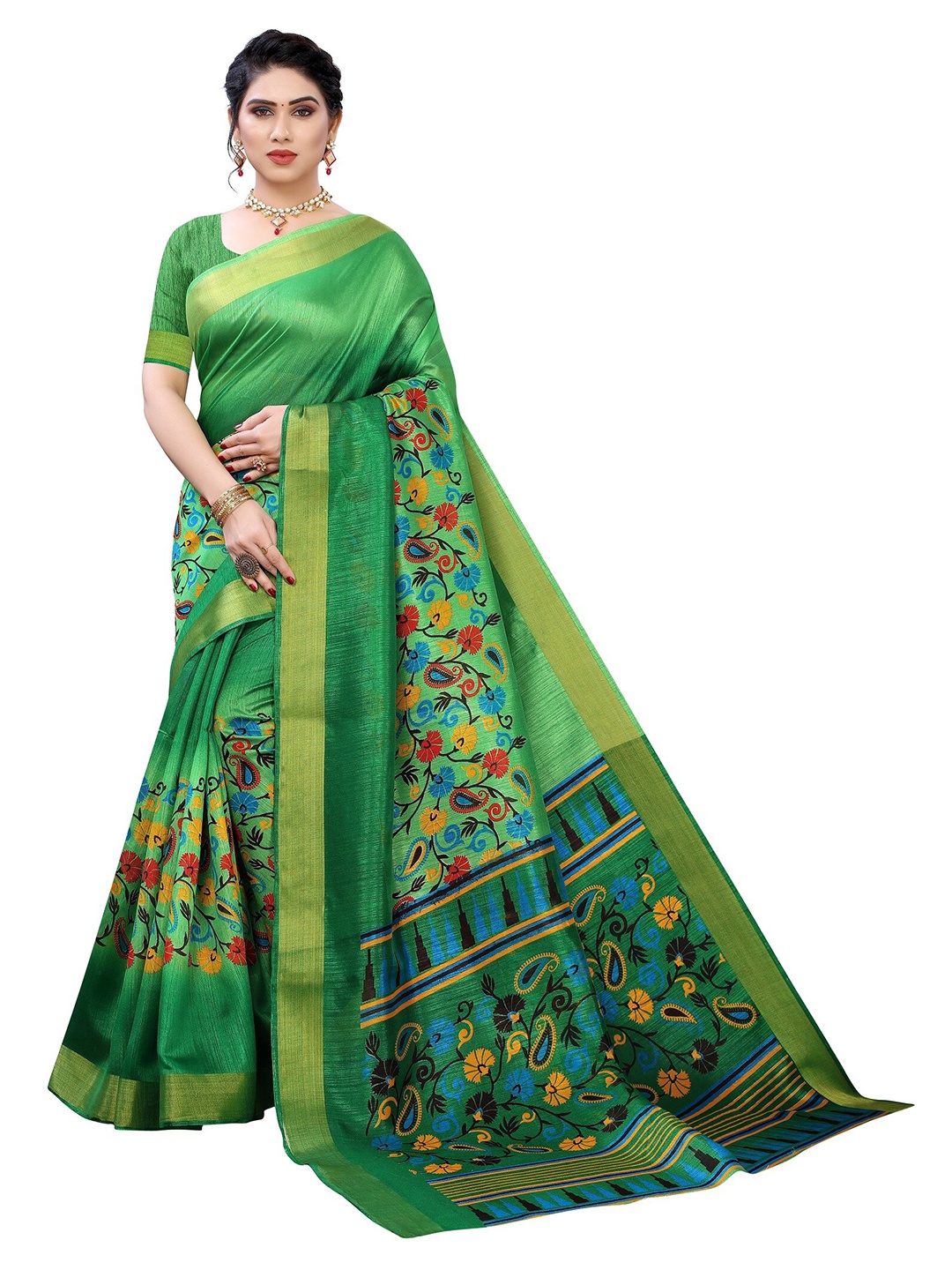 

Yashika Green & Red Floral Zari Cotton Silk Saree