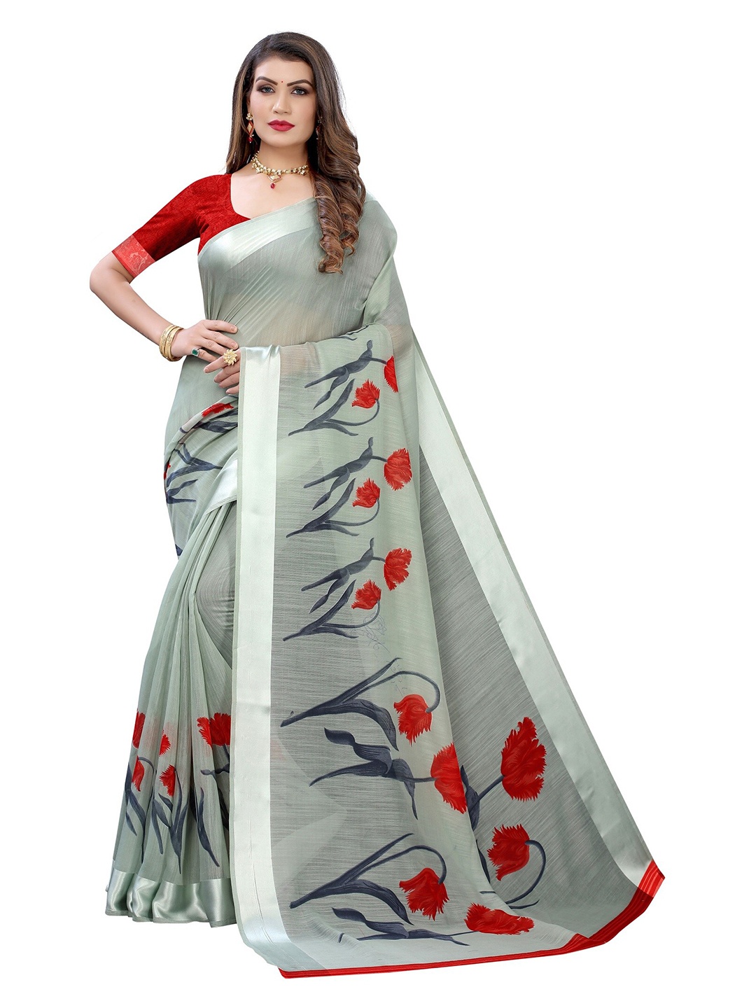 

Yashika Green & Red Floral Cotton Silk Saree