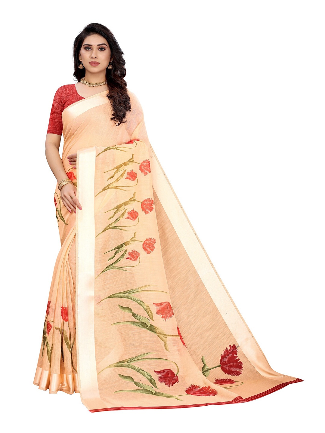 

Yashika Orange & Green Floral Silk Blend Saree
