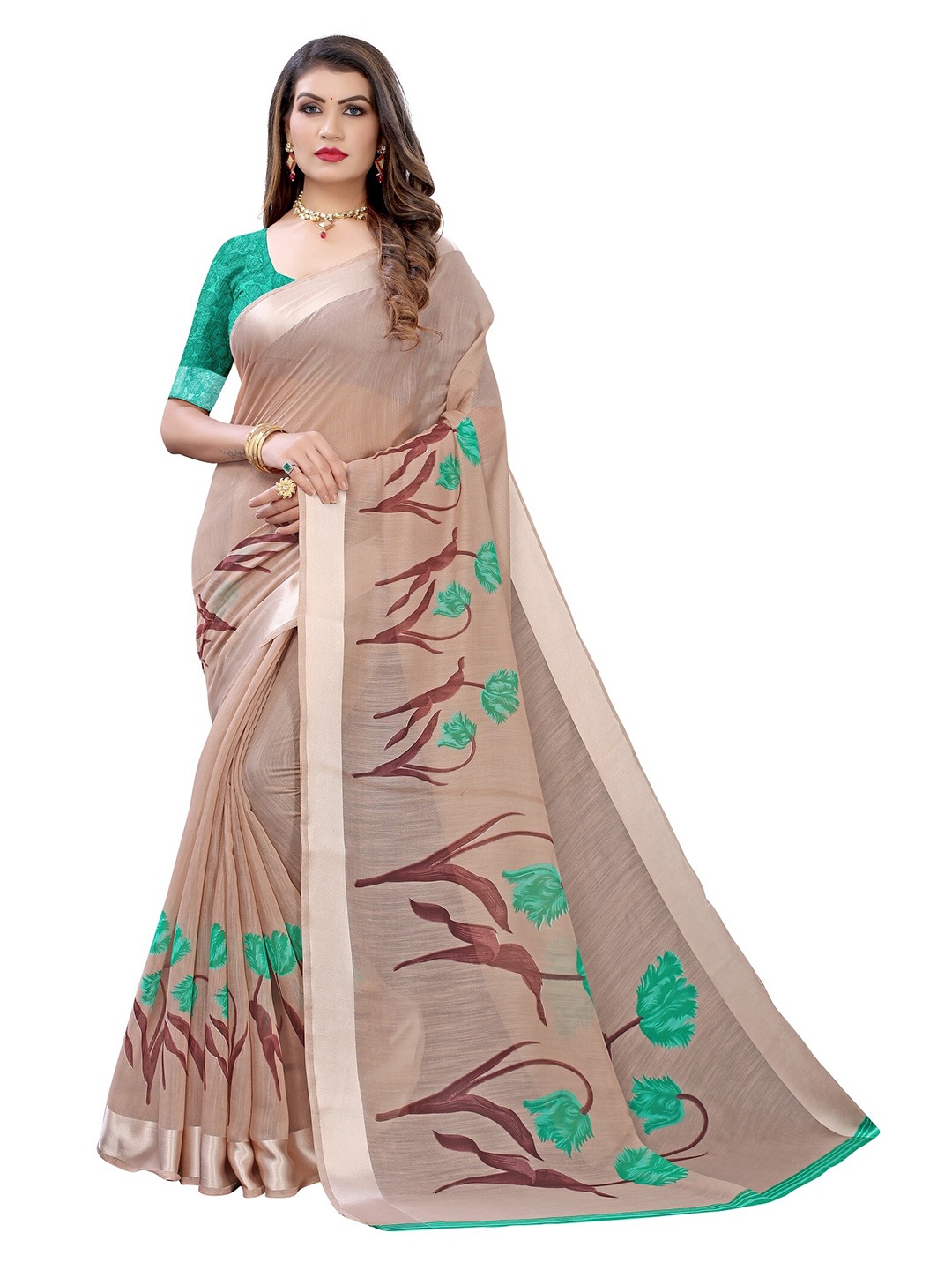 

Yashika Cream-Coloured & Sea Green Floral Silk Blend Saree