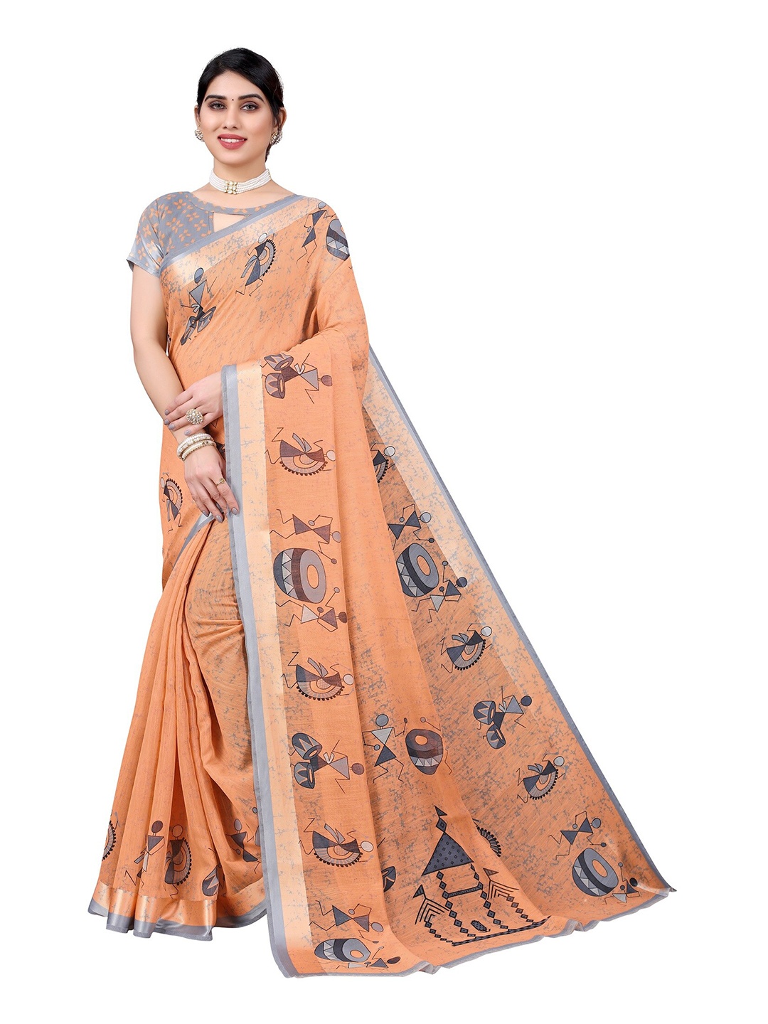 

Yashika Orange & Grey Warli Silk Blend Saree