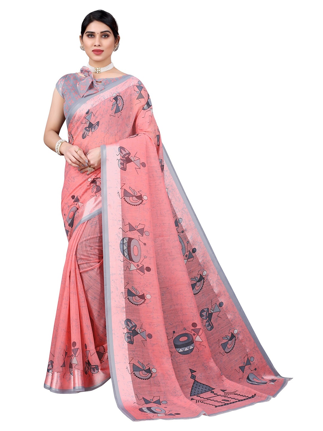 

Yashika Pink & Grey Warli Zari Silk Blend Saree