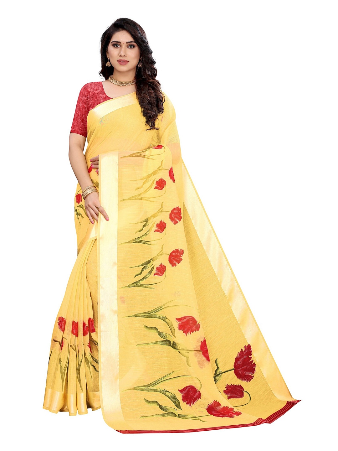 

Yashika Yellow & Red Floral Cotton Silk Saree