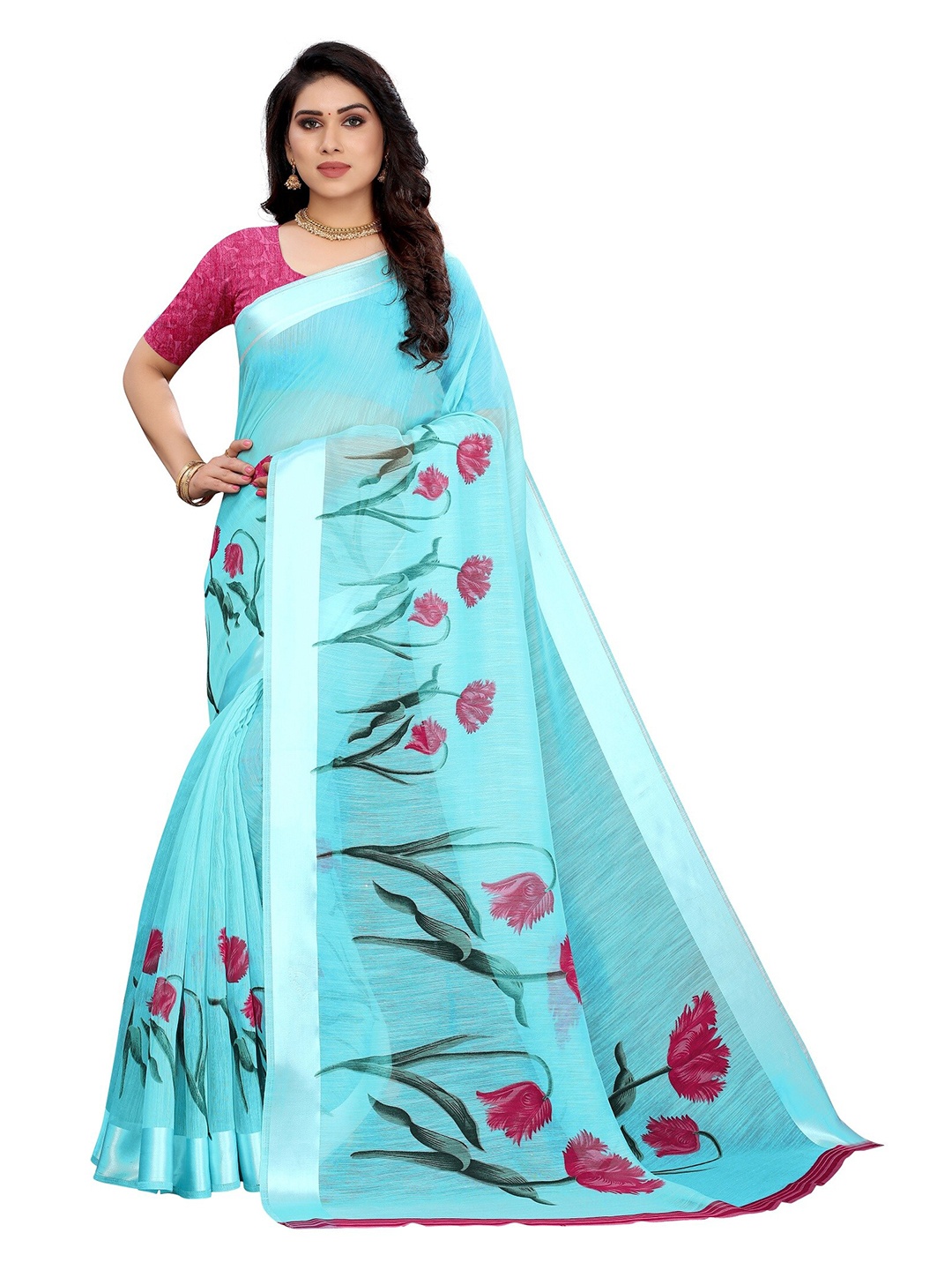 

Yashika Blue & Pink Floral Silk Blend Saree
