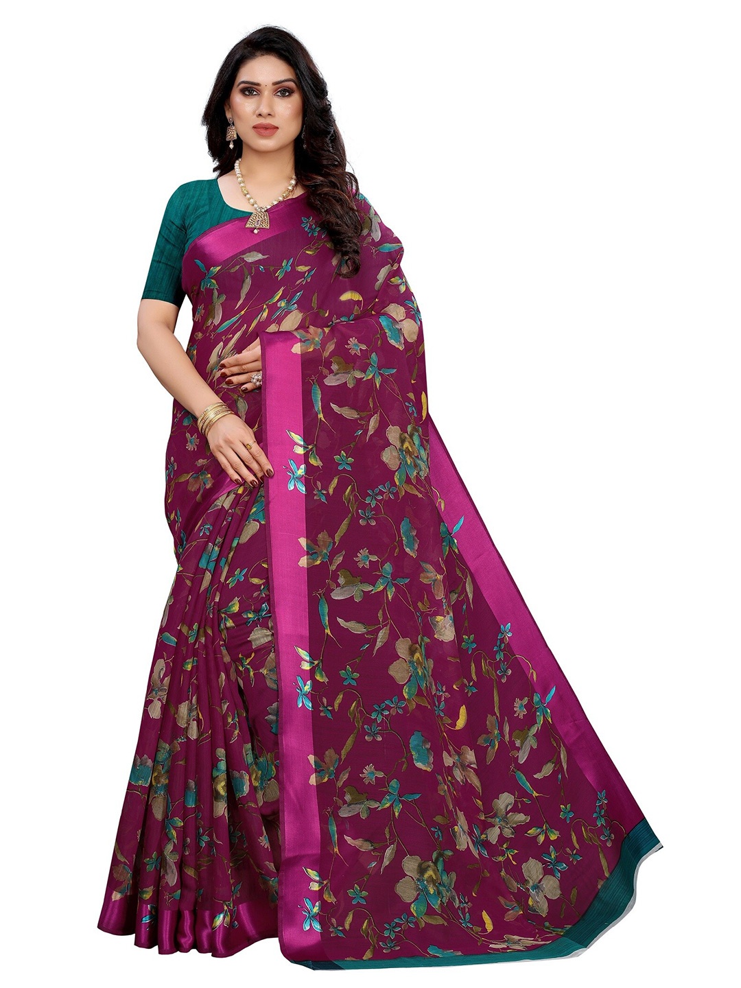 

Yashika Purple & Blue Floral Silk Blend Saree