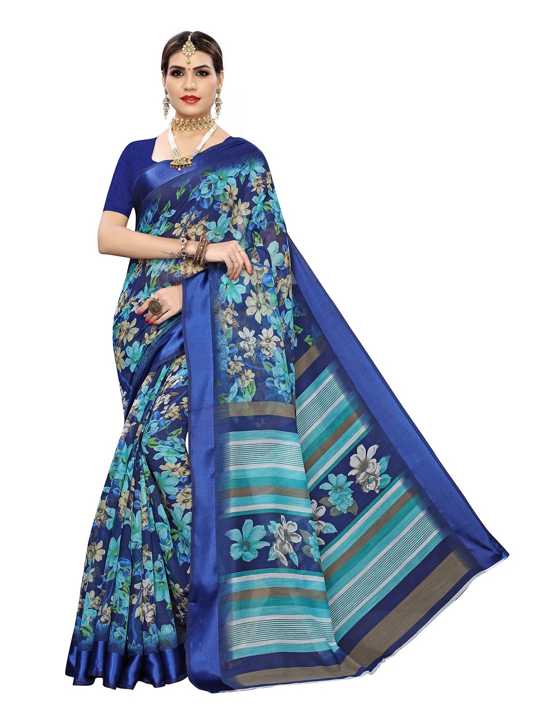 

Yashika Navy Blue & Green Floral Silk Blend Saree