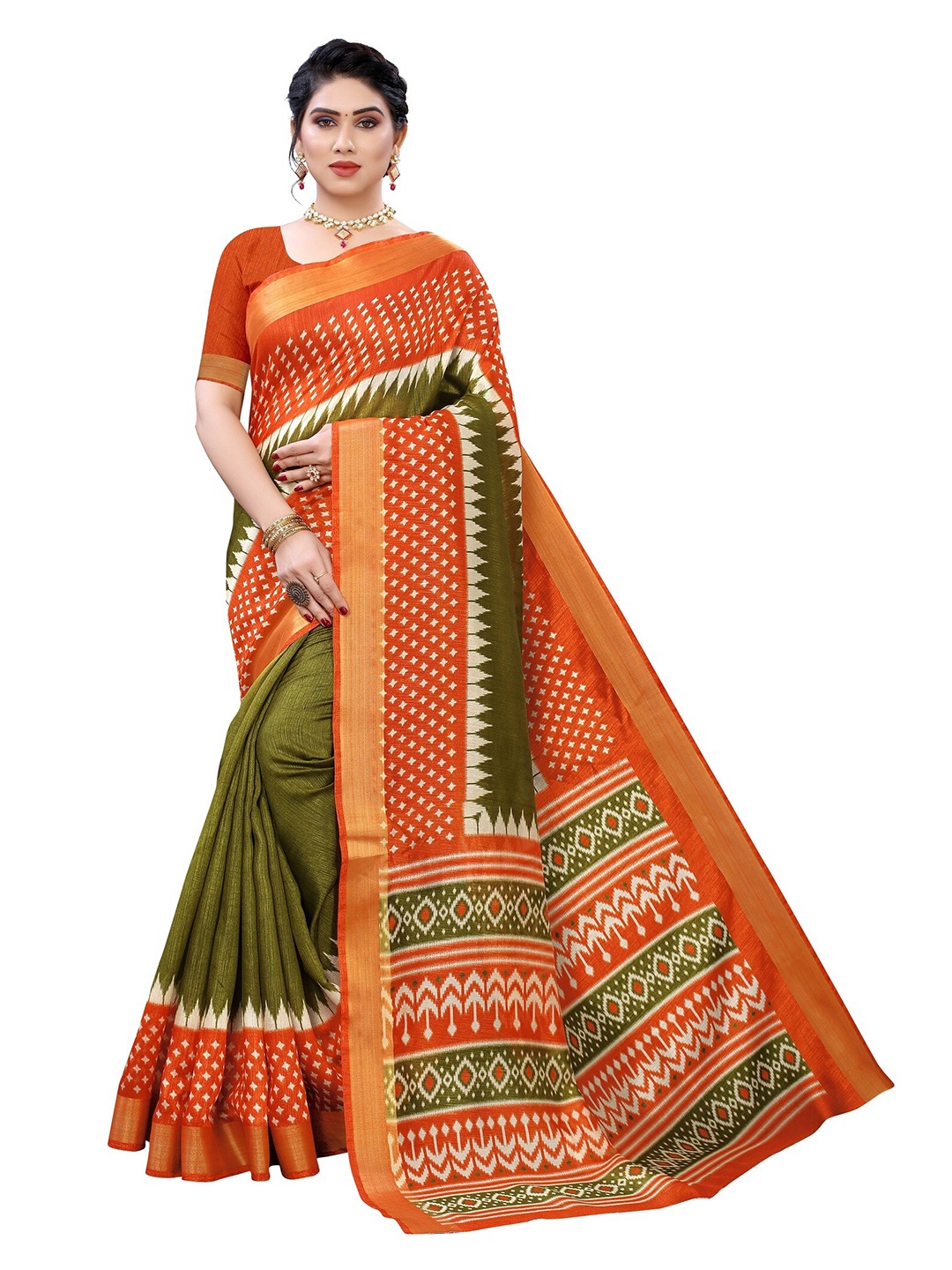 

Yashika Green & Orange Ethnic Motifs Silk Blend Saree