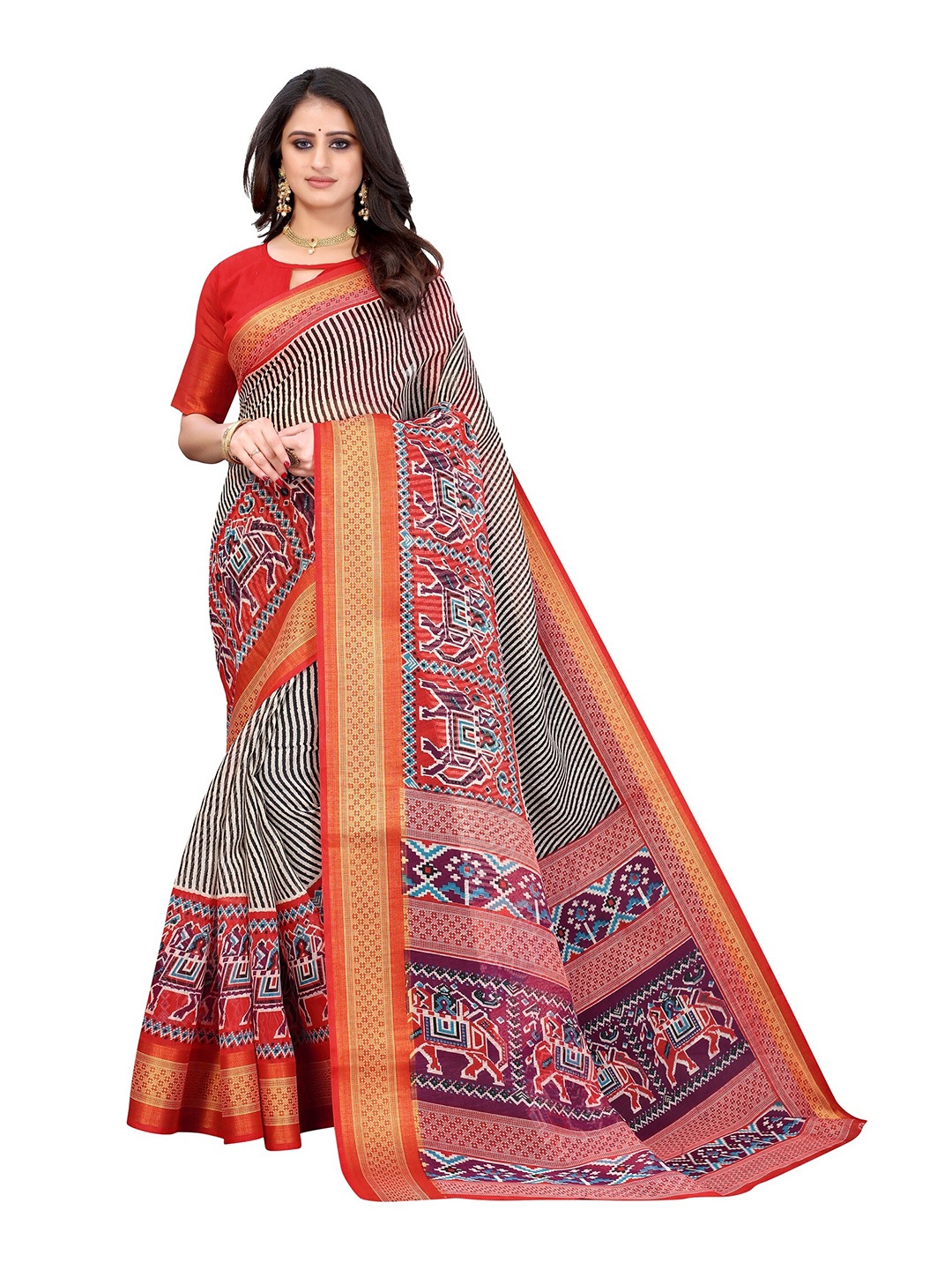 

Yashika Red & Gold-Toned Striped Silk Blend Saree
