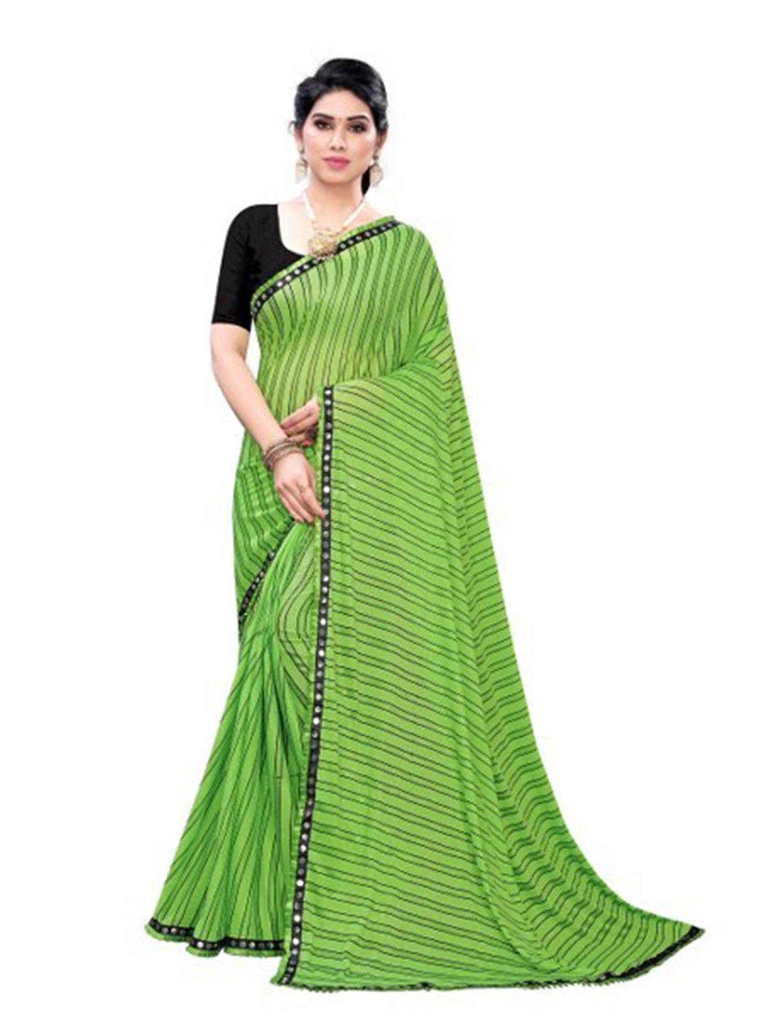 

Yashika Green & Black Striped Mirror Work Silk Blend Saree