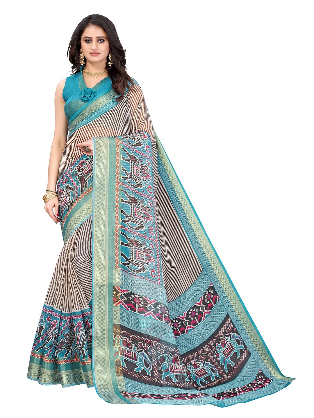 

Yashika Blue & Golden Ethnic Motifs Silk Blend Saree