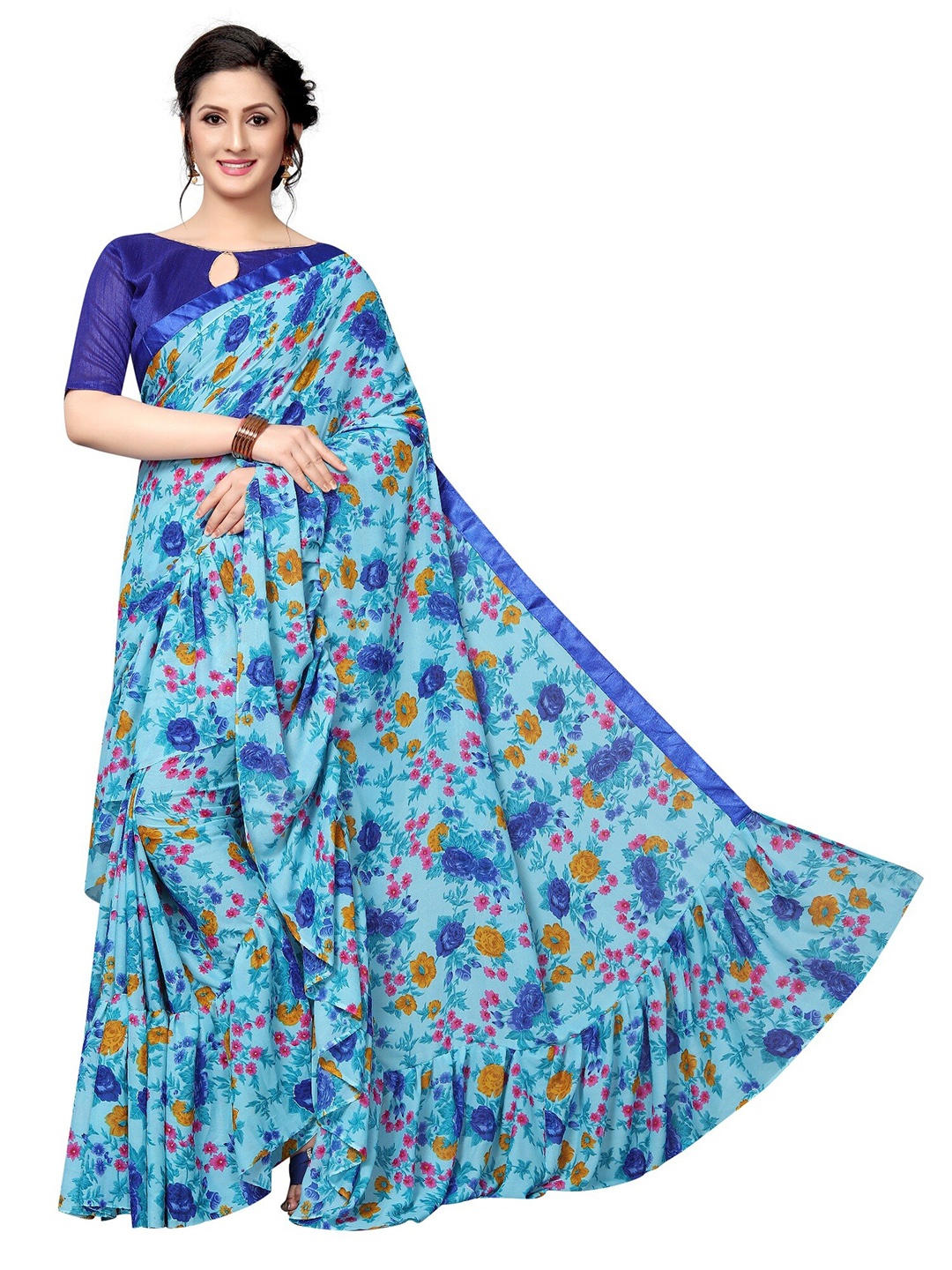 

Yashika Blue & Pink Floral Silk Blend Saree