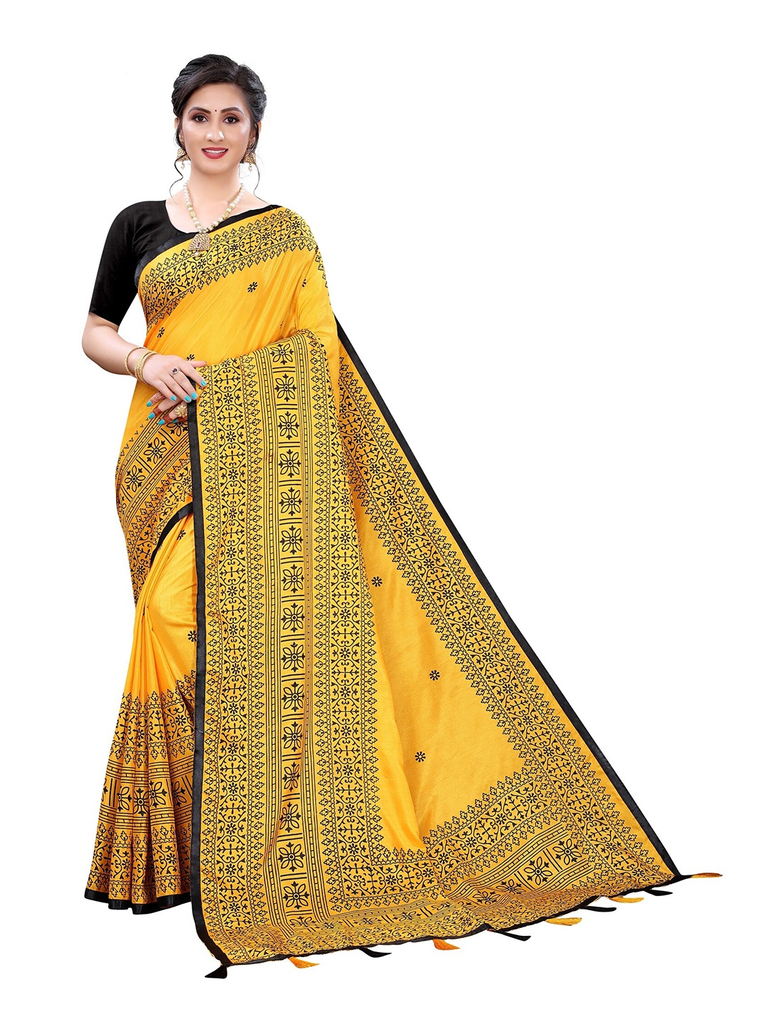 

Yashika Yellow & Black Ethnic Motifs Silk Blend Saree