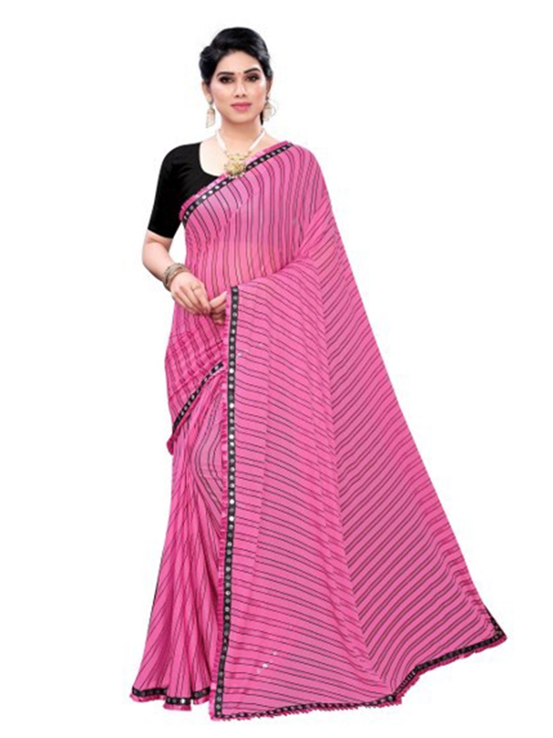 

Yashika Pink & Black Striped Mirror Work Silk Blend Saree