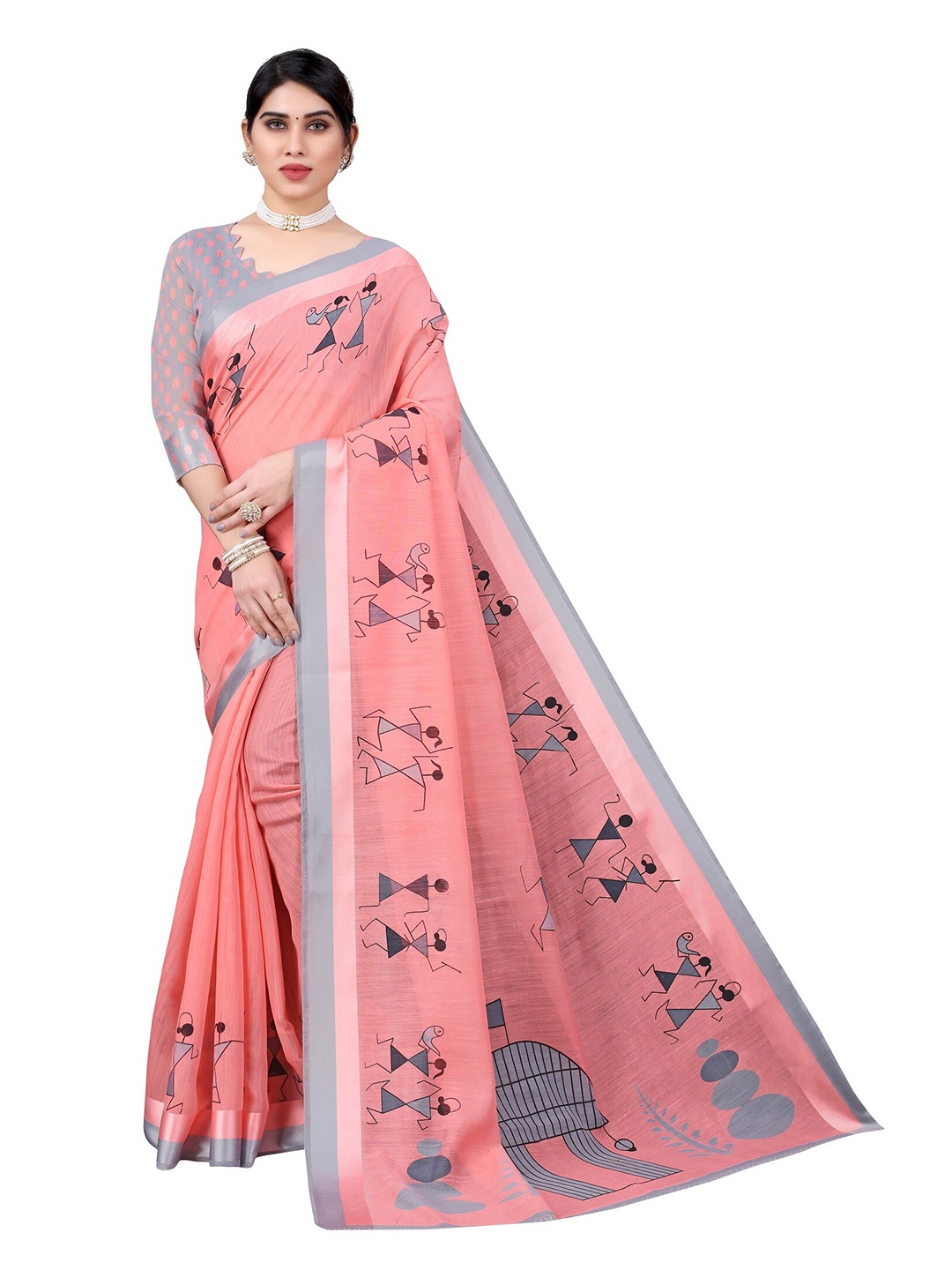 

Yashika Pink & Grey Warli Silk Blend Saree