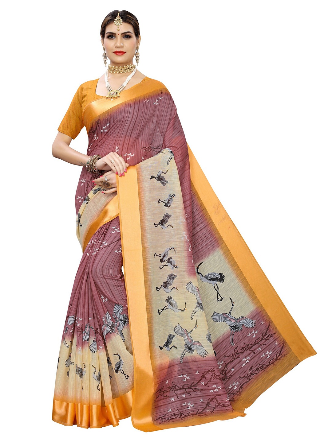 

Yashika Orange & Black Floral Silk Blend Saree