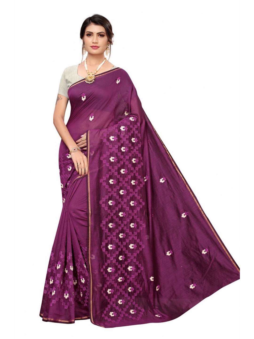 

Yashika Purple & White Ethnic Motifs Silk Blend Saree