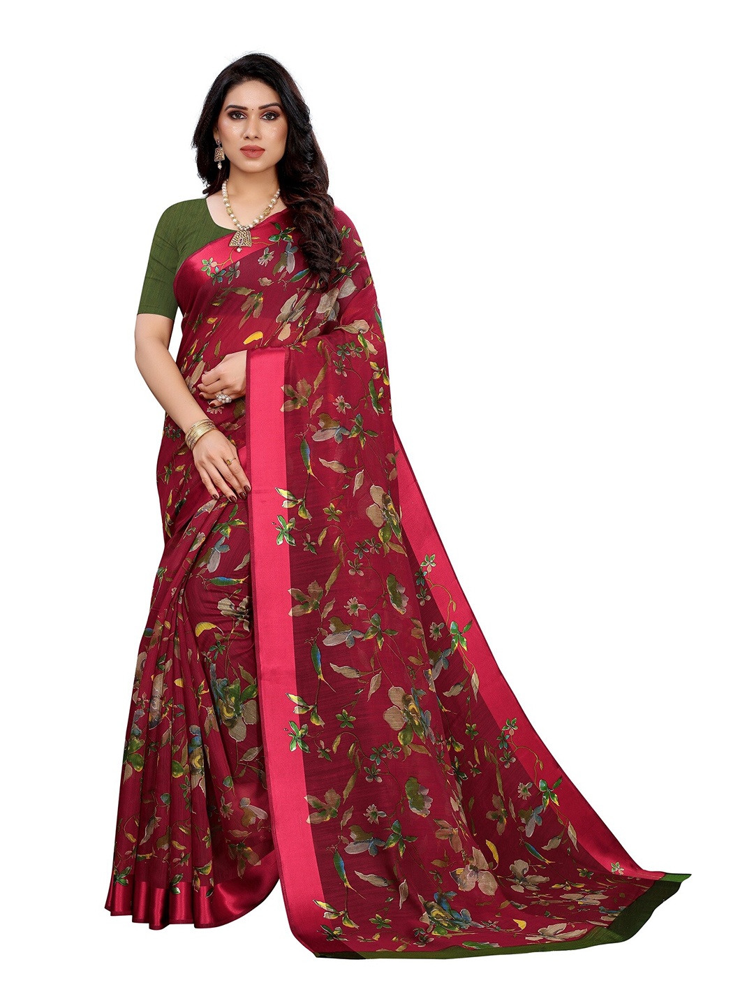 

Yashika Red & Green Floral Silk Blend Saree