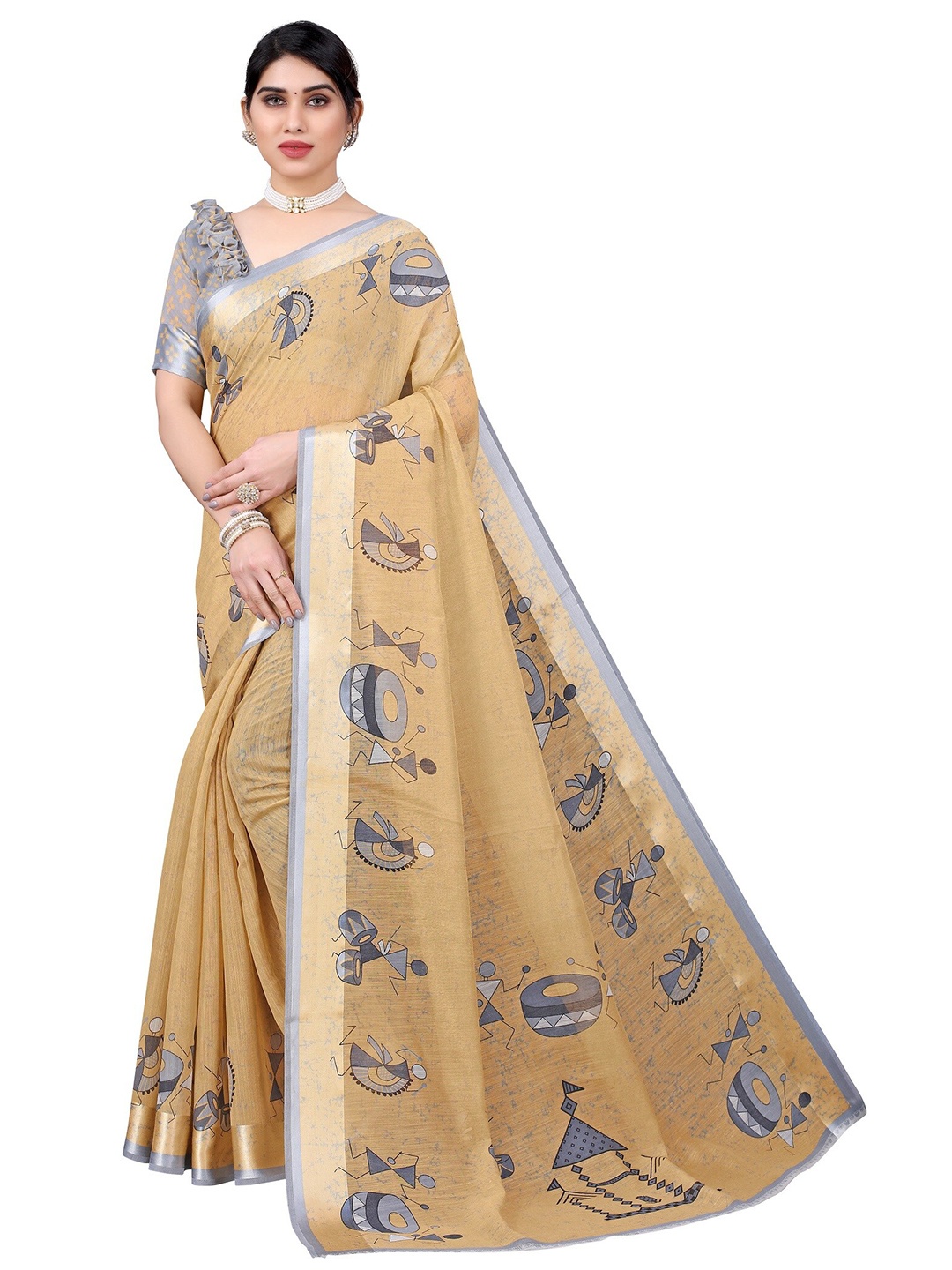 

Yashika Cream-Coloured & Grey Warli Silk Blend Saree