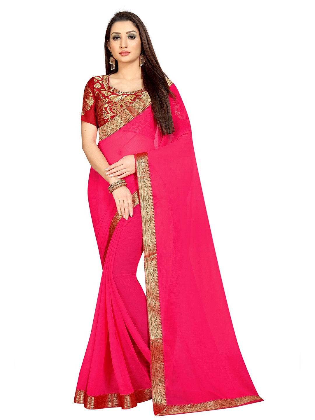 

Yashika Red & Golden Zari Silk Blend Saree