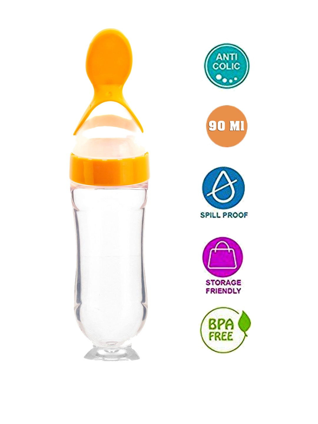 

The Little Lookers Kids Yellow Transparent Solid Baby Food Feeding Bottles With Silicone Spoon Head In Feeding Essentials