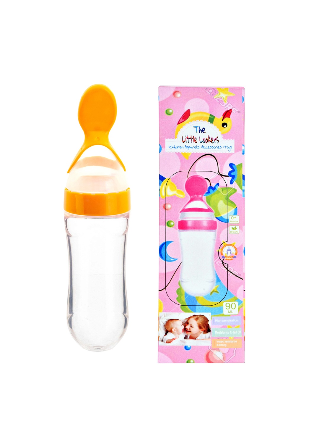 

The Little Lookers Kids Yellow Transparent Solid Baby Food Feeding Bottles With Silicone Spoon Head In Feeding Essentials