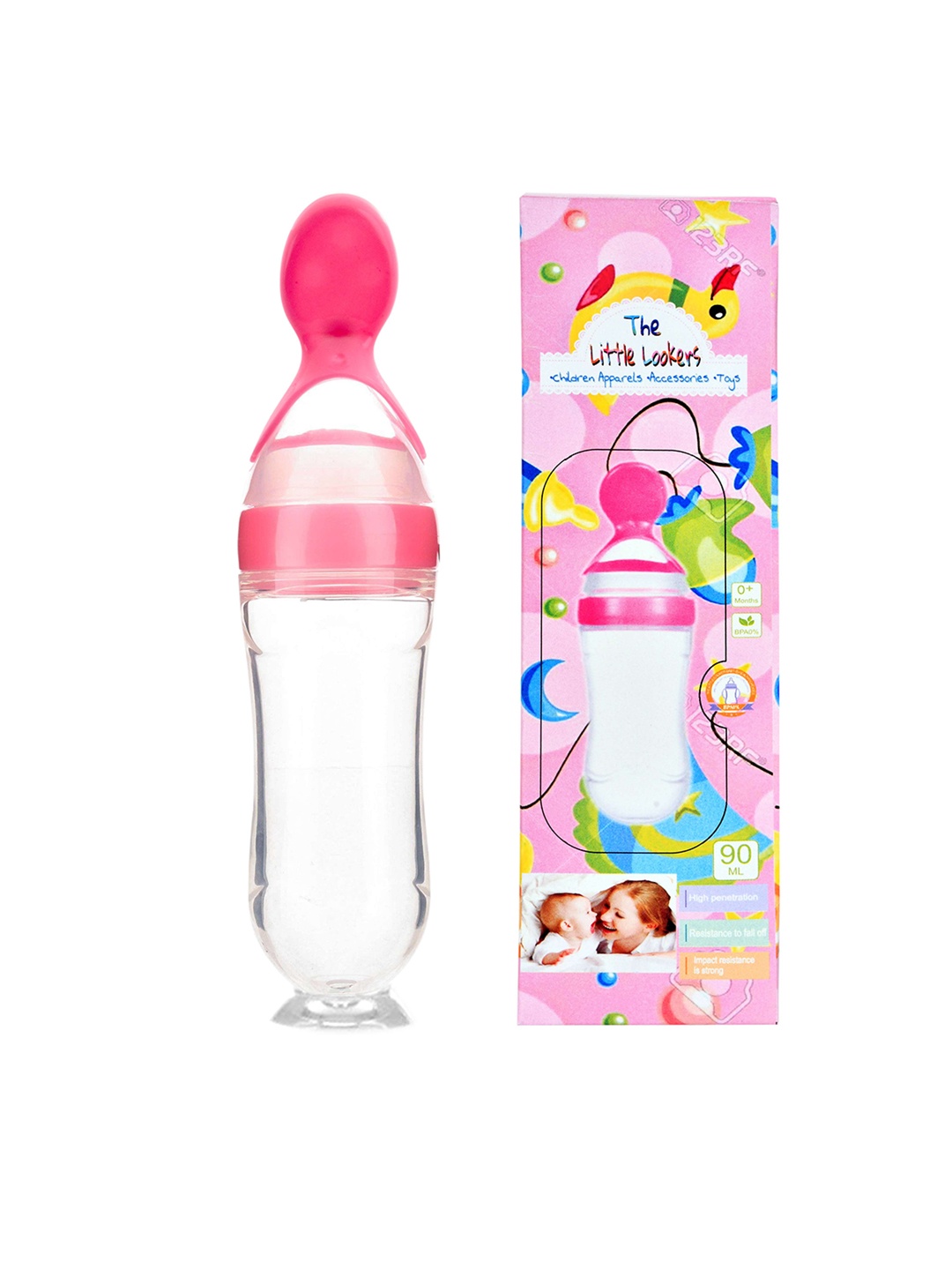 

The Little Lookers Kids Pink & Green Set Of 2 Feeding Bottles With Silicone Spoon Head
