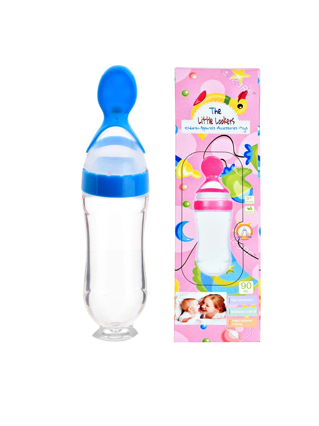 

The Little Lookers Kids Blue & Pink Set Of 2 Feeding Bottles With Silicone Spoon Head