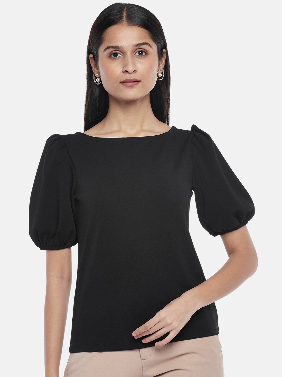 

Annabelle by Pantaloons Women Black Solid Boat Neck Regular Top