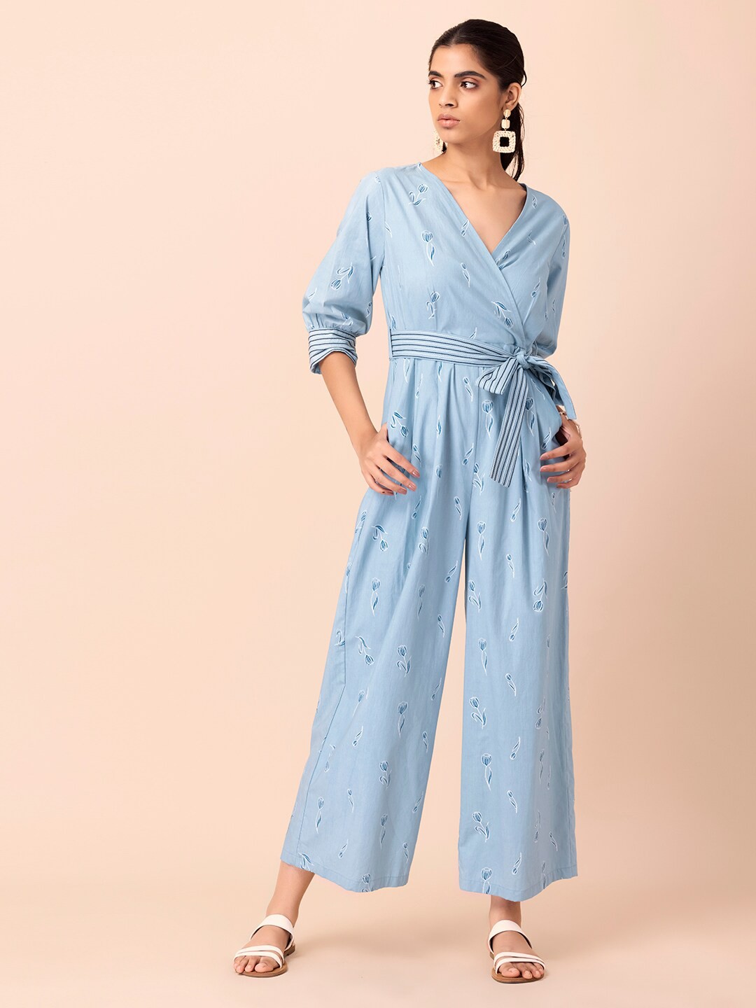 

Earthen BY INDYA Blue Floral Printed Pure Cotton Basic Jumpsuit
