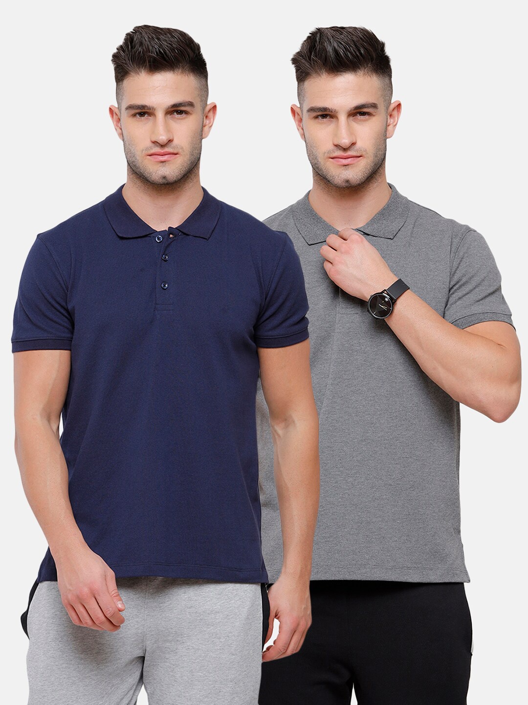 

MADSTO Men Navy Blue & Charcoal Pack Of 2 Polo Collar Slim Fit T-shirt